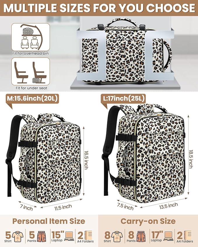 Pritent Travel Backpack for Women Man, Waterproof Laptop Backpack Travel Bag Airline Approved Carry on Weekender Overnight Bag Bookbag for Business,Travel, Work Fits 17.3 inch Laptop(Large,Leopard)
