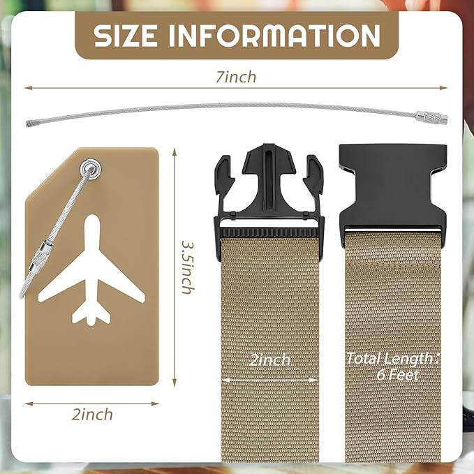 Weewooday 8 Pcs Luggage Straps Suitcase Tags Set for TSA Approved, 4 Travel Adjustable Suitcase Belt, 4 Silicone Luggage Tags with Name ID Card Travel Accessories(Khaki,Airplane)