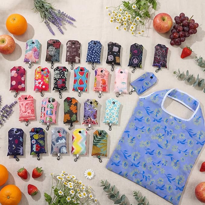 Paterr 24 Pcs Foldable Reusable Shopping Bag Recycle Travel Grocery Bag Fold to Pocket Tote Bulk for Daily Supplies Load
