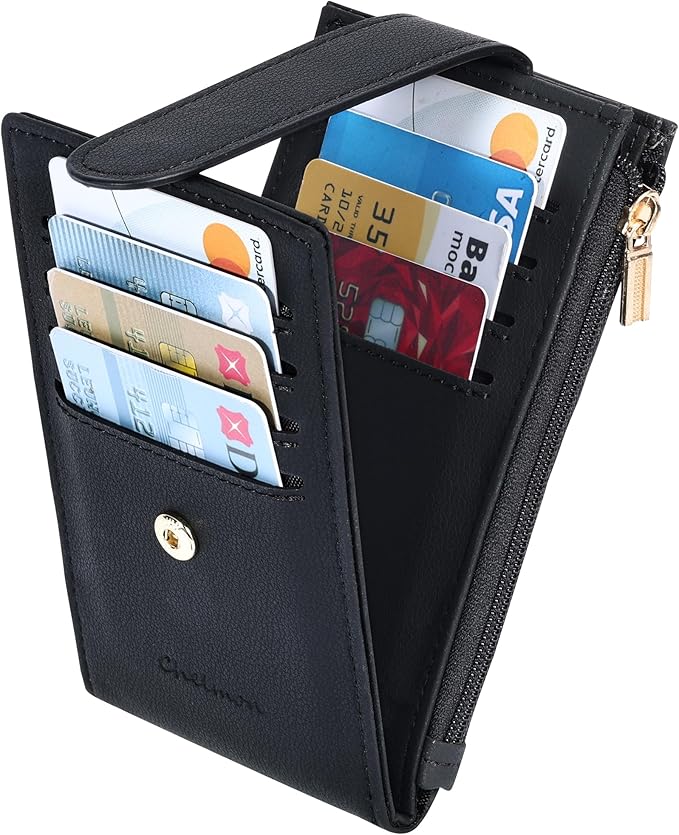 Chelmon Womens Wallet Slim RFID Blocking Bifold Multi Card Case Wallet with Zipper Pocket (Black Smooth)