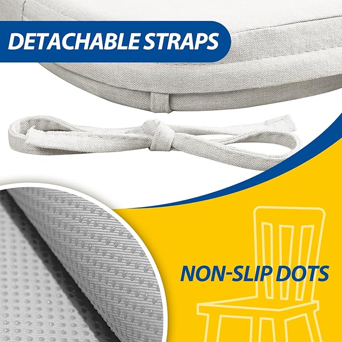 AAAAAcessories D-Shaped Chair Cushions, 2" Thick Dining Chair Pads with Ties and Removable, Machine-Washable Cover, 17" x 16", Set of 6, Natural Linen