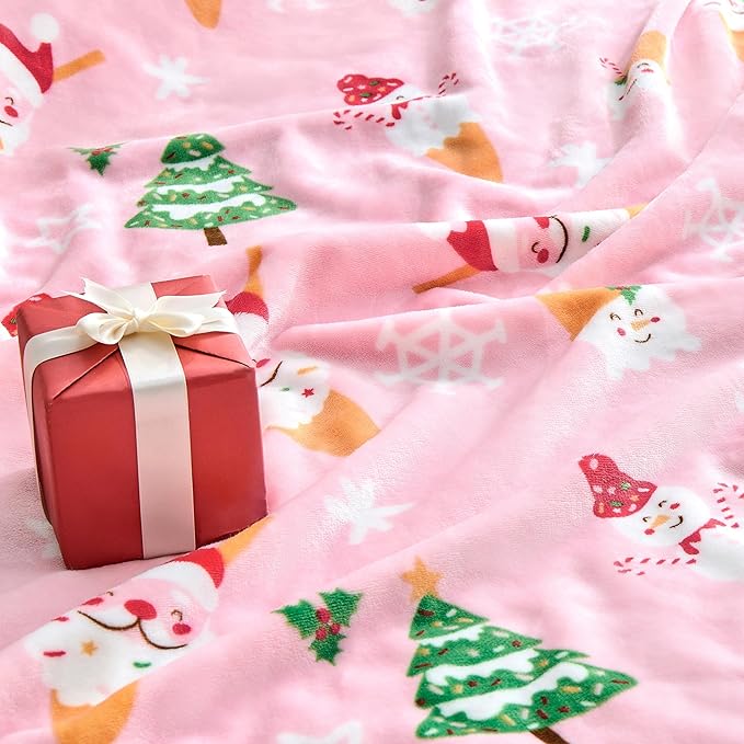 Christmas Blanket Soft Cozy Pink Throws with Snowman Snowflake Santa Claus and Xmas Trees Print, Fuzzy Warm Christmas Throw Blanket for Couch Bed Holiday Decorations Gifts 60"x80" (Pink)