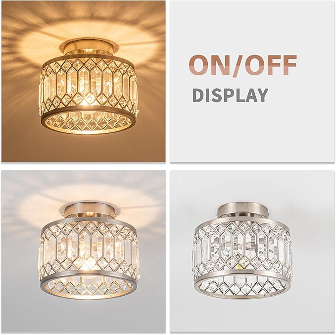Rpzloila Crystal Ceiling Light Fixture, Modern Semi Flush Mount Ceiling Light,Crystal Chandelier for Kitchen Bedroom Bathroom Entryway Nickel Finish (Bulb not Included)