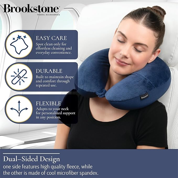 Brookstone Microbead Travel Head and Neck Pillow Lightweight and Plush with Phone or Headphone Pocket, Blue