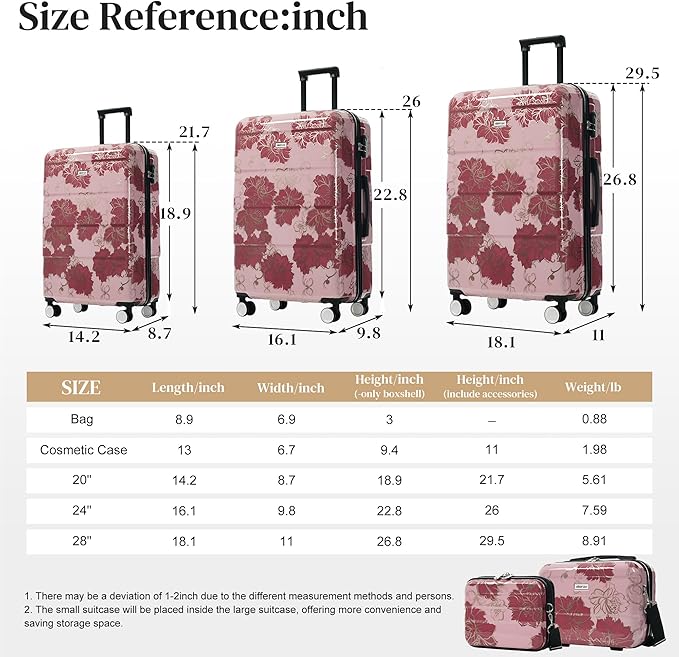 Merax 5 Piece Luggage Set with Spinner Wheels, Lightweight Printing Suitcase Set 8/14/20/24/28 inches, Durable Carry on Luggage with Handbag and Cosmetic Case Suitable all Ages,Purple Pink Flower