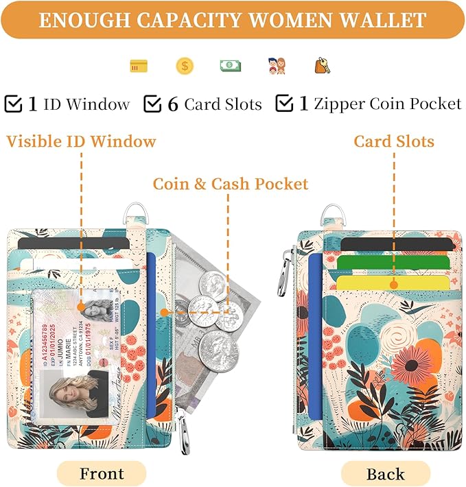 Hancynir Slim Wallet Women Credit Card Holder Abstract Flower Floral RFID Small Mini Card Case Front Pocket PU Leather Thin Travel Zipper Coin Cash ID Window Ladies Female Wallet Gifts