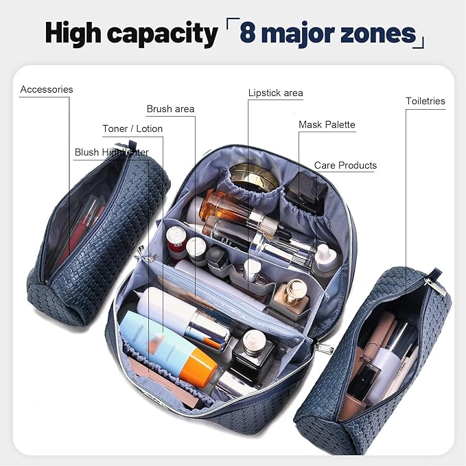 BOYATU Travel Makeup Bag Cosmetic Bags for Women: Large Capacity 3 Pcs Set Make up Bag with Compartments - Waterproof Vegan Leather Toiletry Organizer Bags with Handle (L40 Blue)
