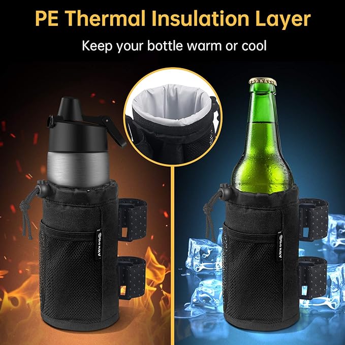 GEARV 2Pack Cup Holder for Bike, Scooter and Wheelchair, Water Bottle Holder for UTV/ATV, Walker, Golf Cart and Beach, Universal Drink Holder Accessories with Net Pocket and Cord Lock (Black)