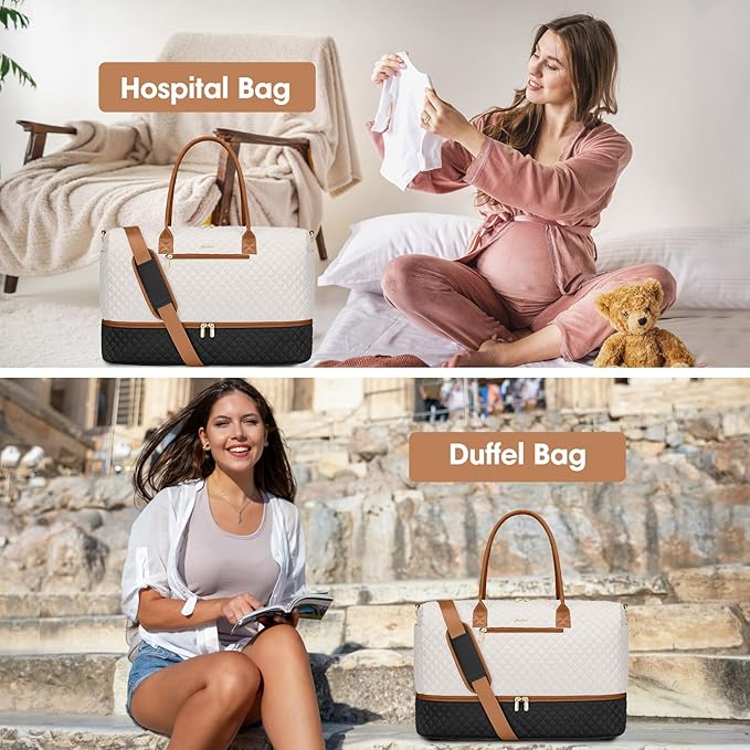 Travel Weekender Duffle Bags for Women - Duffel Bag with Shoe Compartment Carry On Overnight Bag with Toiletry Bag with Wet Pocket for Gym Hospital Bags for Labor and Delivery Black White Brown