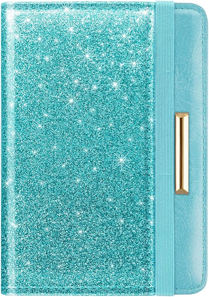 Passport Holder Cover, RFID Travel Wallet Credit Card Holder Blue Green Cute Sparkly Passport Book Holders for Women with Elastic Band and Golden Metal Decoration, Blue Green Glitter