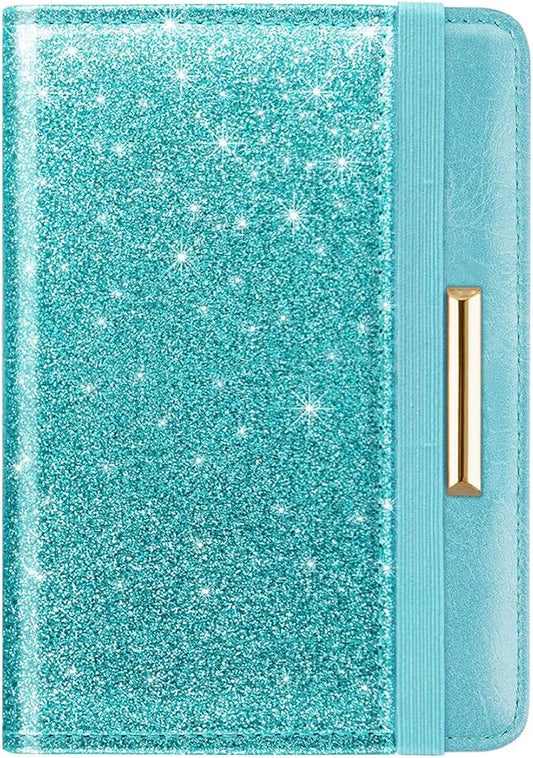 Passport Holder Cover, RFID Travel Wallet Credit Card Holder Blue Green Cute Sparkly Passport Book Holders for Women with Elastic Band and Golden Metal Decoration, Blue Green Glitter
