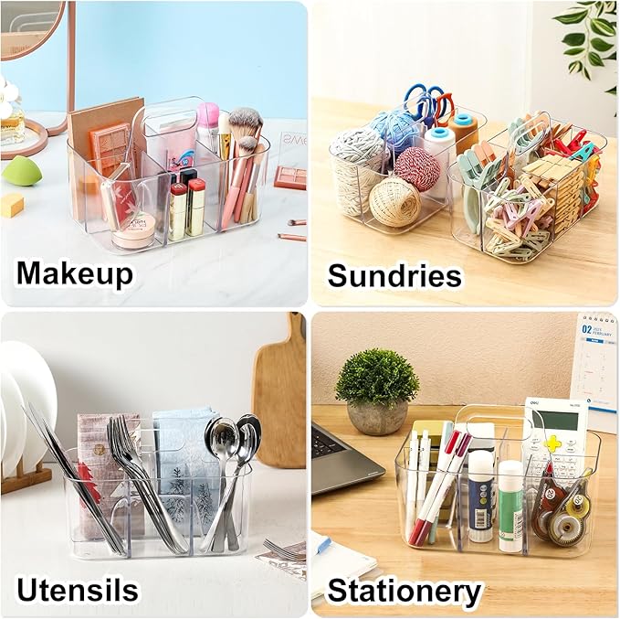 Multiuse Caddy Organizer with Handle, Portable Divided Plastic Tote Bin - Art Craft, Stationary Pen Marker Crayons, Makeup Hair Supplies Storage - Bathroom, Classroom, Dorm, Office, Desk Holder -Clear