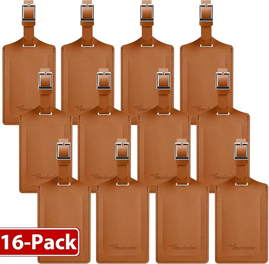 Travelambo 16 Pack Luggage Tags for Suitcases Privacy Protection Bag Tags Faux Leather Travel Accessories Essential, Yellowish Brown