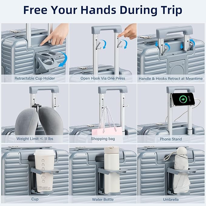 HanTrip Large Checked Luggage 28 Inch Hard Shell Suitcases, Expandable Travel Luggage Lightweight Check In Luggage with Spinner Wheels Cup Holder Charger Built in, Silver