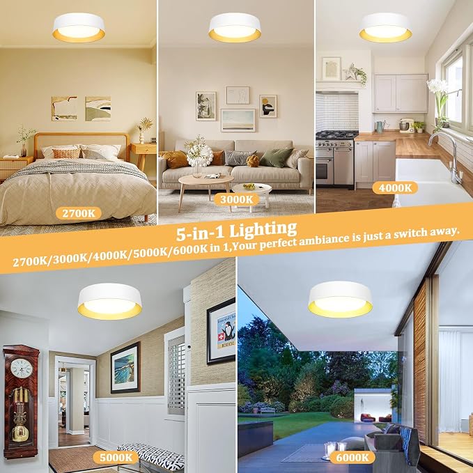 Flush Mount Ceiling Light, 16in Modern Ceiling Light 5 Color Temperature | 30W Bathroom Ceiling Light Fixture, 3000LM Dimmable LED Flush Mount Light for Bedroom, Hallway, Kitchen, White & Gold, 2-Pack