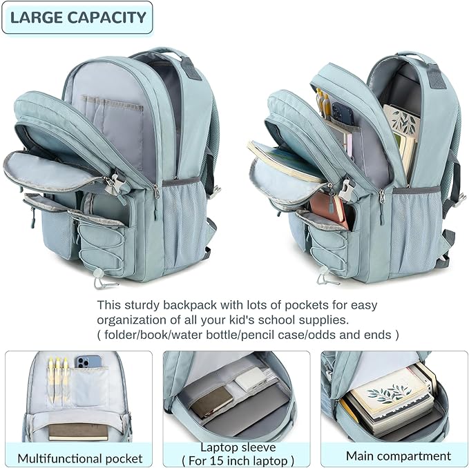 Lohol Multi-Pocket Backpack for Travel College, Heavy Duty Big Bookbag with 15.6 inch Laptop Compartment (Green Graffiti