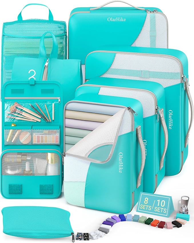 8 Set Packing Cubes for Travel, Gifts for Women Mom,Anti-Tearing Suitcase Organizer for Luggage with Shoe & Hanging Toiletry Bag,OlarHike Vacation Essentials & Accessories for Cruise Ship