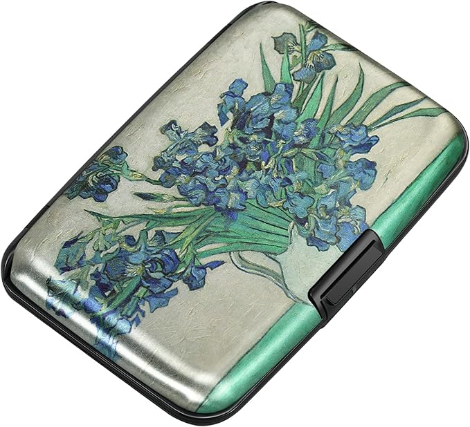ELFISH Mini RFID Aluminum Wallet Credit Cards Holder Business Card Case Metal ID Case for Men Women(Iris Flower 2#)