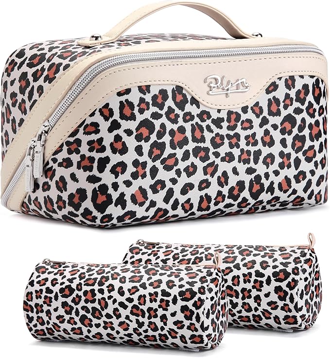 BOYATU Travel Makeup Bags Cosmetic Organizer Bag: 3 Pcs Set Large Capacity Make up Bag with Compartments - Waterproof Leather Toiletry Bags with Handle for Women (B-White)