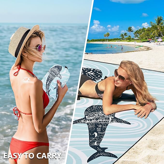 HIHOHO Beach Blanket Waterproof Sandproof Beach Mat 79”x 83” for 1-8 Adults Quick Drying Durable Outdoor Picnic Mat for Beach Festival Travel Camping Hiking (Whale, 79"×83"(4 Person))