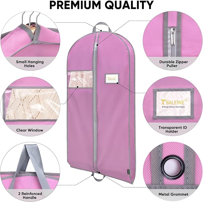 BALEINE 2PK Heavy Duty Garment Bag with Shoe Storage Travel Bag for Dresses, Suit, Coats Travel Essential (60", Pink)