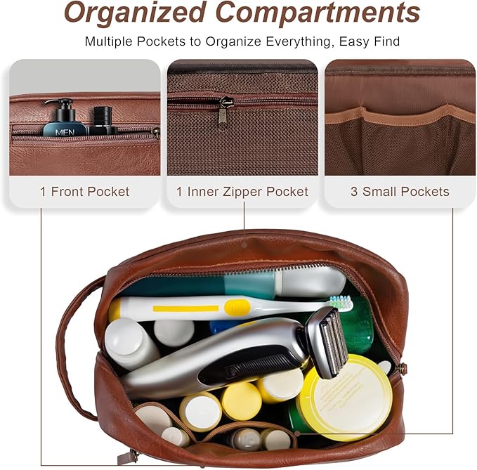 Travel Toiletry Bag for Men and Women, Travel Shaving Dopp Kit Water-resistant Bathroom Toiletries Organizer PU Leather Cosmetic Bags (Brown)
