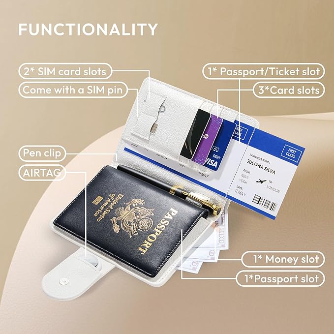 Passport Holder for Travel RFID Passport Holder with Airtag Compact Leather Passport Cover Case with Card Holders SIM Slots Passport Wallet for Women Men Airport Essentials Gift