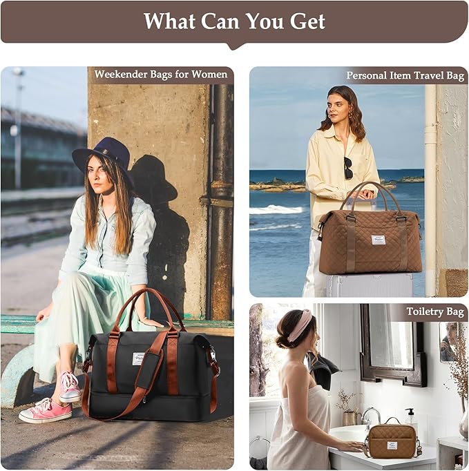 Weekender Bags for Women,Travel Duffle Overnight Bag with Shoe Compartment,Personal Item Carry On Bag,Black & Brown,Large,3 Pcs Set