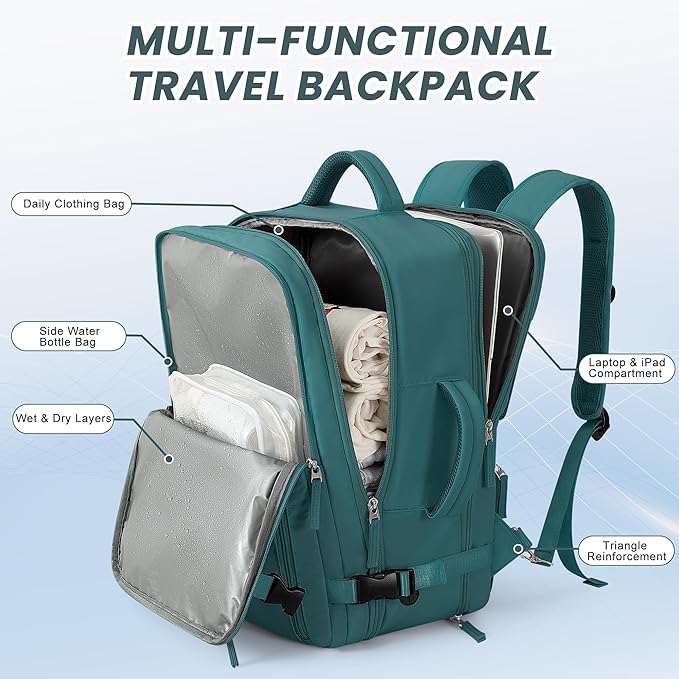 Beraliy Travel Backpack for Women as Personal Item Travel Bag Flight Approved, Carry On Backpack, 17.3 Inch Laptop Backpack, Travel Bag, Waterproof Hiking Backpack, Peacock Blue