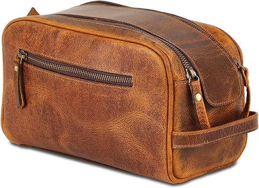 KomalC Travel Toiletry Bag – Premium Leather Dopp Kit for Men & Women with Water-Resistant Lining & Spacious Zippered Organizer