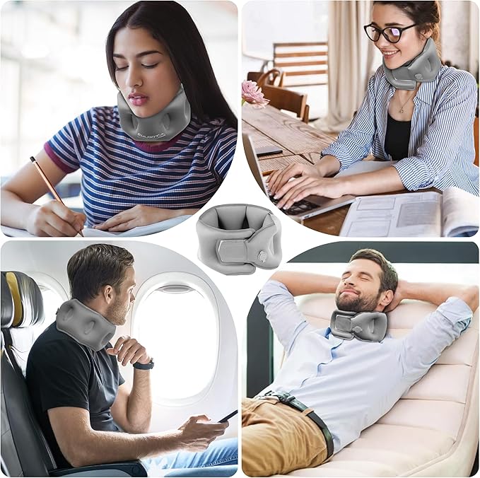 Inflatable Neck Pillow, Travel Pillow for Airplane, Traveling, Office, and Car, Chin Support Neck Relief - Airplane Travel Essentials(Gray)