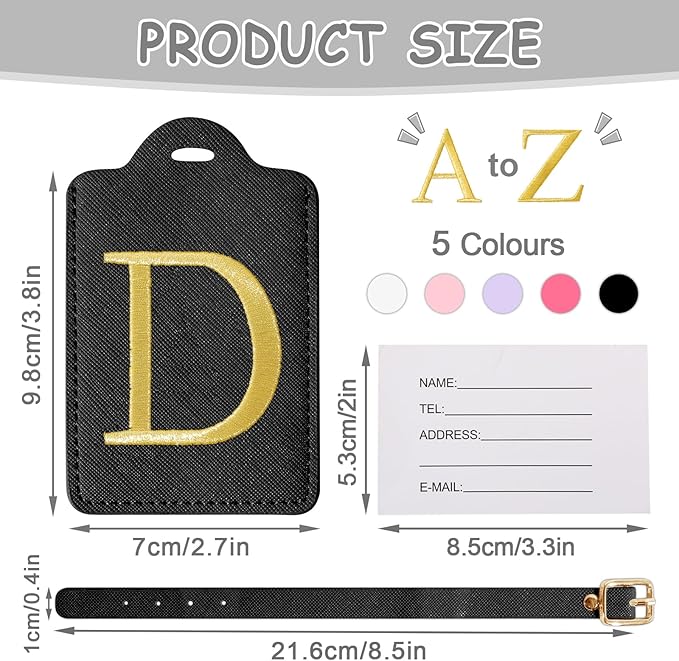 Initial Letter Luggage Tags for Suitcases, Embroidered Monogrammed Suitcase Luggage Identifier Name Tag, PU Leather TSA Approved Luggage Tags, Bag Tags for Men Women Kids Luggage Handbags(Black D)