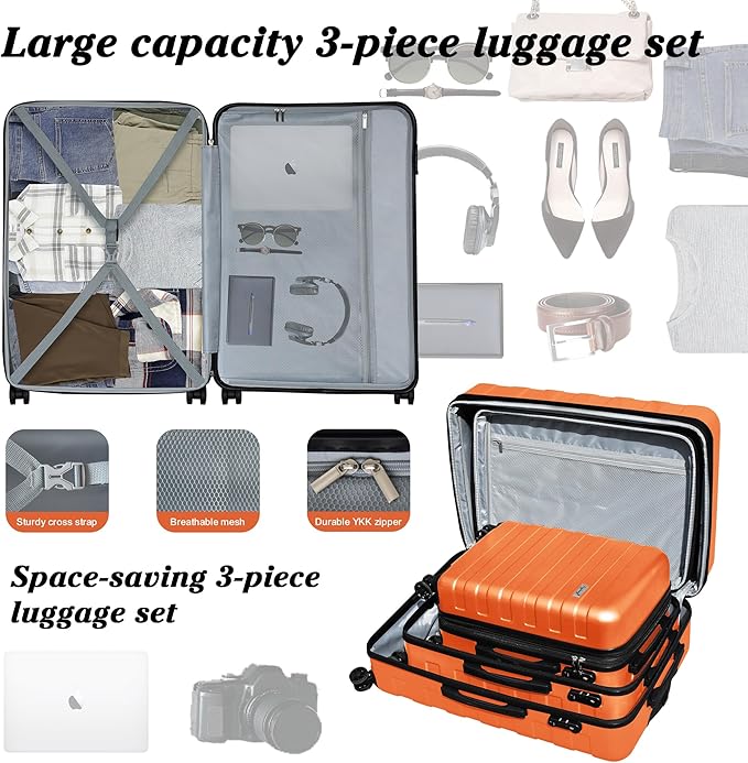 Zebra Luggage Sets 3 Piece, 20" Carry On Luggage with Spinner Wheels, Hardside Business Travel Suitcase Set with TSA Lock, Lightweight Suitcase,20/24/28 inch,Orange