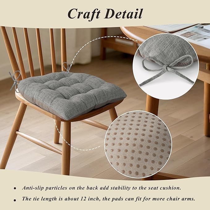 Chair Cushions for Dining Chairs Set of 2 Durable D-Shaped Seat Cushions with Non-Slip Backing Secure Ties Thick Cozy Seat Pad for Kitchen Dining Room Office(18x16.5x3in Light Grey)