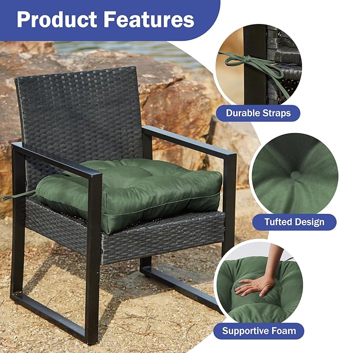 Outdoor Chair Cushions Set of 2, Patio Chair Cushions with Ties, 19x19+5” Tufted Outdoor Seat Cushions, Waterproof Patio Furniture Cushions, Outdoor Dining Chair Pads, Forest Green
