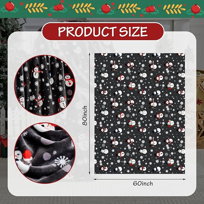 Grey Christmas Throw Blanket - Soft Warm Cozy Fleece Winter Throw, Holiday Blanket with Snowman & Snowflake Design, 60x80 Inches,Grey