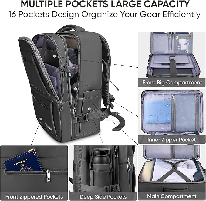 BALEINE Travel Backpack for Women Men, Large Sturdy Carry On Laptop Backpack Gifts for Business, Casual, Weekender, Hiking (Large, Black)