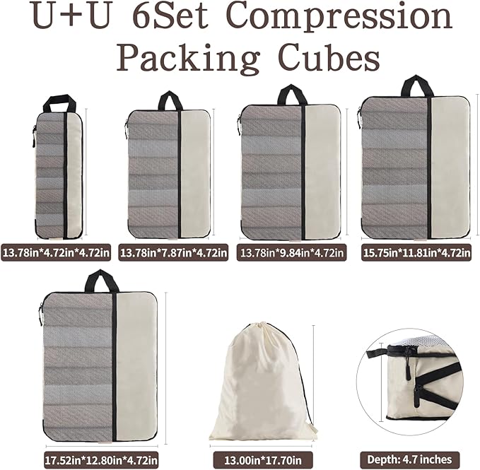 U+U 6 Set Compression Packing Cubes - Ultralight Cream Travel Organizers with Laundry Bag, Space-Saving Suitcase Organizer, Expandable Packing Cubes for Travel and Family Vacation (Cream)