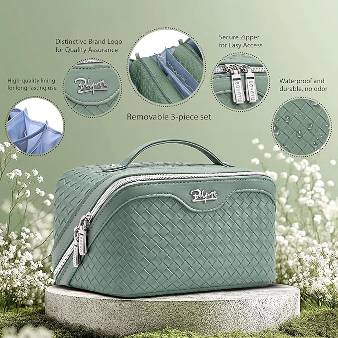 BOYATU Travel Makeup Bag Cosmetic Bags for Women: Large Capacity 3 Pcs Set Make up Bag with Compartments - Waterproof Vegan Leather Toiletry Organizer Bags with Handle (L10 Grass Green)