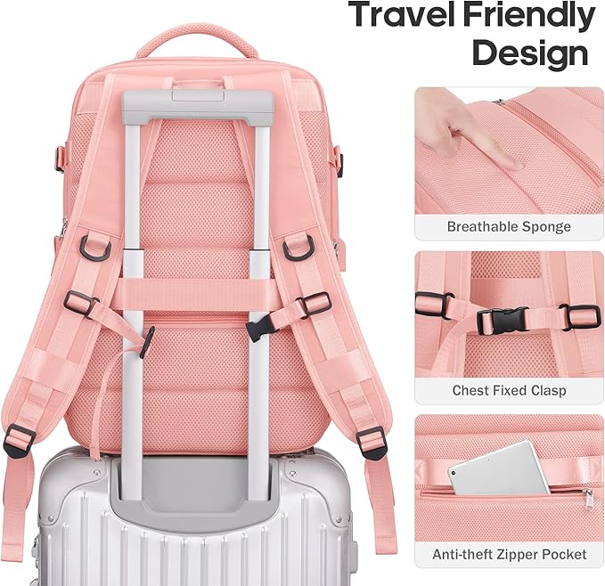 Bagsure Travel Backpack, 42L Carry on Luggage, Flight Approved Expandable Backpack, Laptop Backpack (Pink(Without 4 Packing Cubes))