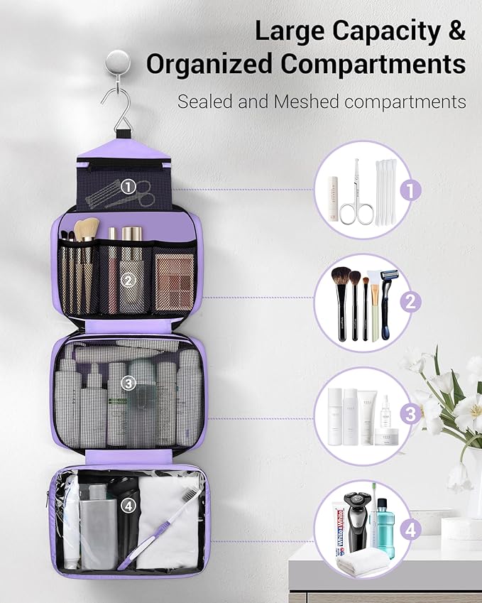 Maliton Toiletry Bag for Men & Women Travel Toiletry Bag Hanging Toiletry Bag Hygiene Organizer with 4 Compartments Waterproof Bathroom Shower Bag Large Toiletries Travel Bag (Purple)