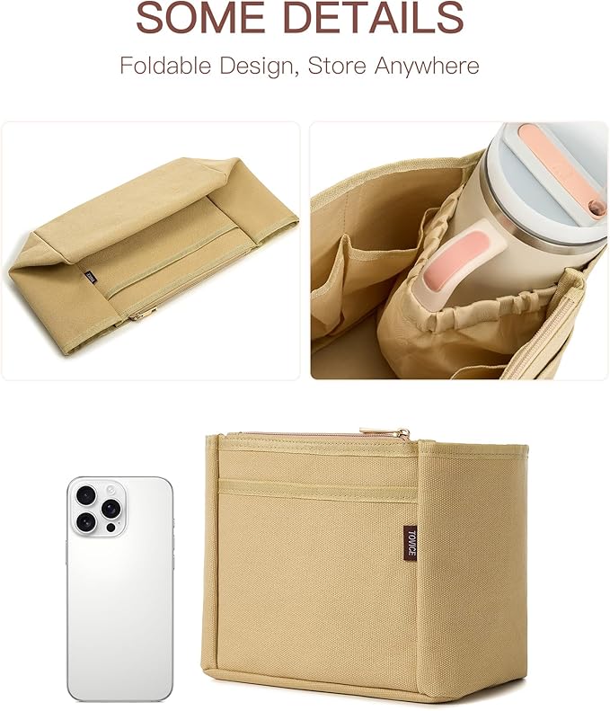 TOVICE Tote Bag Organizer Insert with Stanley Cup Holder and Zipper Bag, Compatible with Neverfull, Saint Louis and More, 9 Pockets (Beige, Medium)