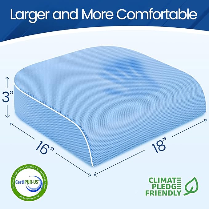 Seat Cushion for Tailbone Pain Relief, Office Chair Cushion, Memory Foam Large Chair Cushion with Non-Slip Cover for Soft Support at Office Chair, Car Seat, Airplane Light Blue/Large
