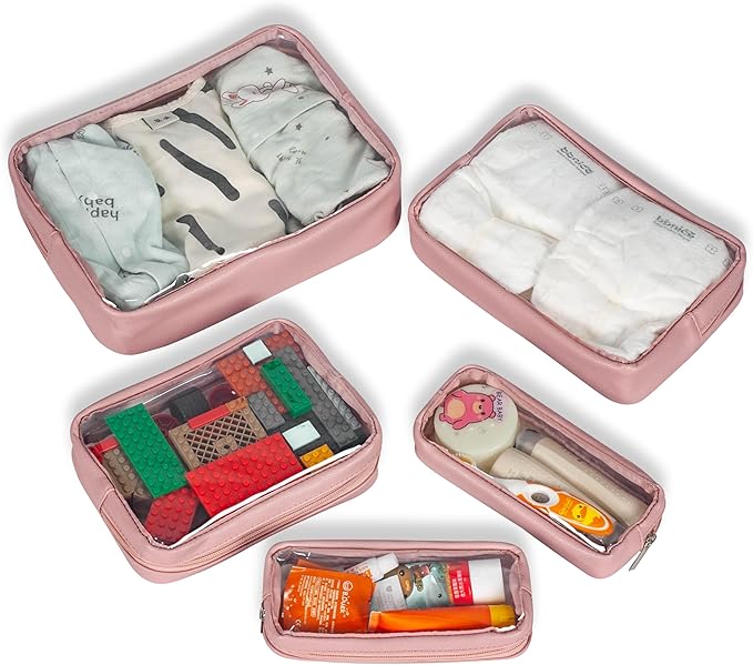 TSA Approved 5-Piece Diaper Bag Organizer Pouch Set Clear Waterproof TPU Kids Toiletry Storage Set Travel Packing Clutch Cube Bags for Baby Nursing (Light Pink Leather)