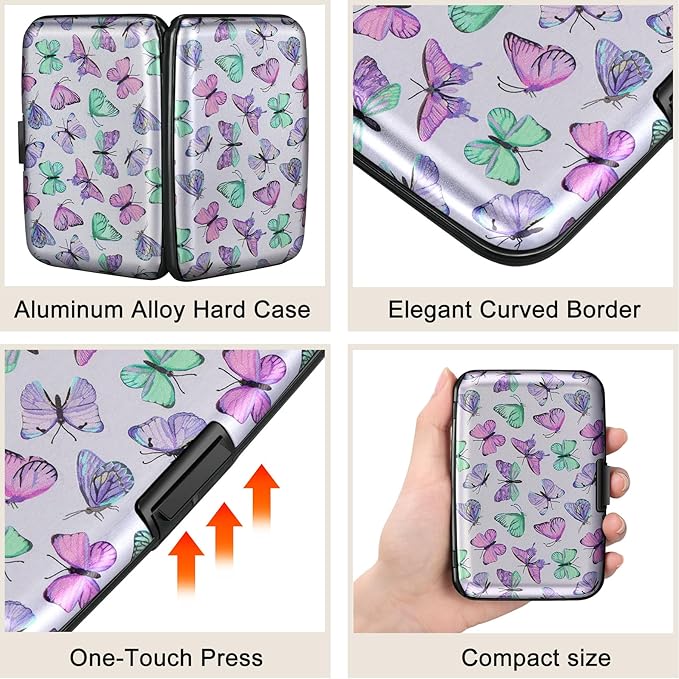 ELFISH Mini RFID Aluminum Wallet Credit Cards Holder Business Card Case Metal ID Case for Men Women(Colorful Butterflies)
