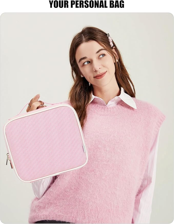 Relavel Travel Makeup Bag With LED Mirror, Portable Cosmetic Bag Organizer with Adjustable Brightness in 3 Color Scenarios, Small Cute Train Case with Detachable Dividers for Trip- Pink Strip