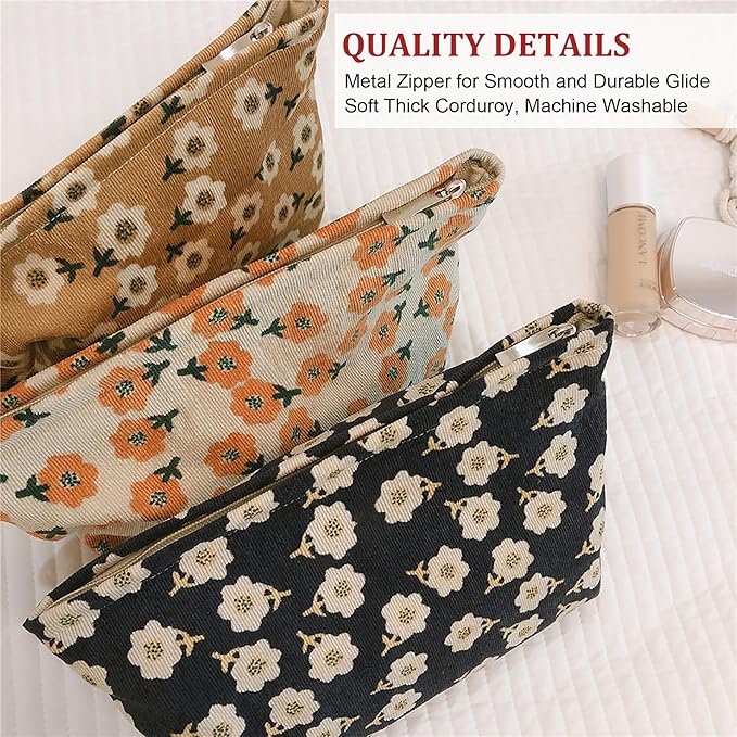 HAPPYHEIDI Women Floral Corduroy Makeup Bag Travel Cosmetic Canvas Pouch Purse Organizer, Cute Beige Flowers