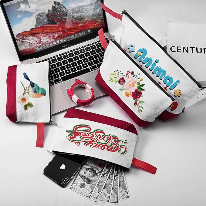10 Pieces Cotton Canvas Makeup Bag with Bottom and Strap, Multi-Purpose Cosmetic Bag with Zipper Travel Toiletry Pouch, Blank DIY Craft Bag (White&Red, XS)