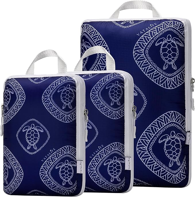 Compression Packing Cubes for Kids & Adults, Compressible Carry On Suit Case Organizer Luggage Kids Packing Cubes for Baby Bag Organizer Pouches for Luggage Blue Turtle 3pc Set