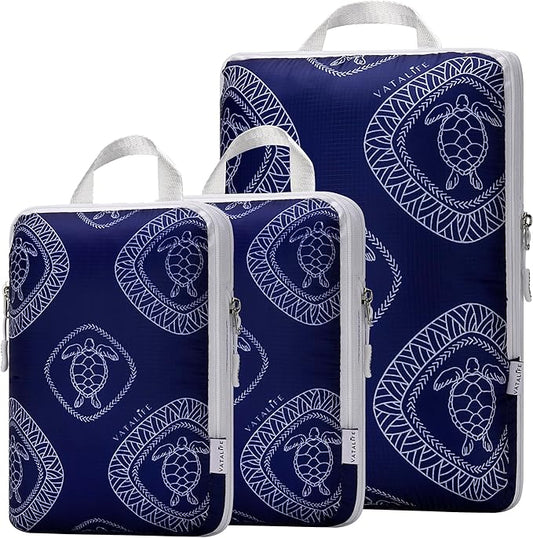 Compression Packing Cubes for Kids & Adults, Compressible Carry On Suit Case Organizer Luggage Kids Packing Cubes for Baby Bag Organizer Pouches for Luggage Blue Turtle 3pc Set
